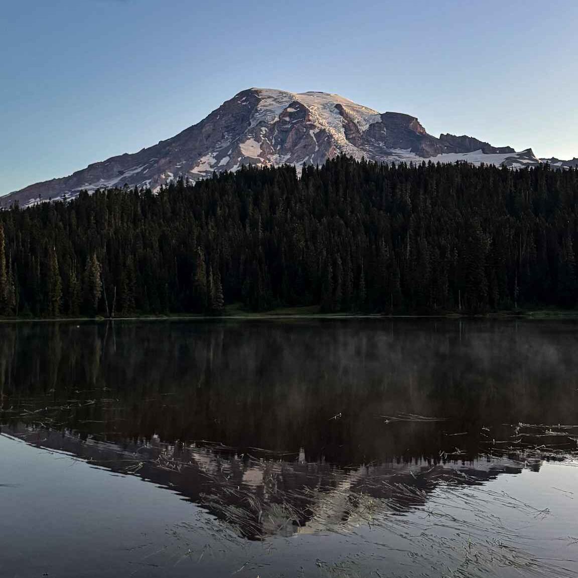 Mount Rainier reflected on a calm lake with evergreen forest in the foreground during a quiet, clear evening.
