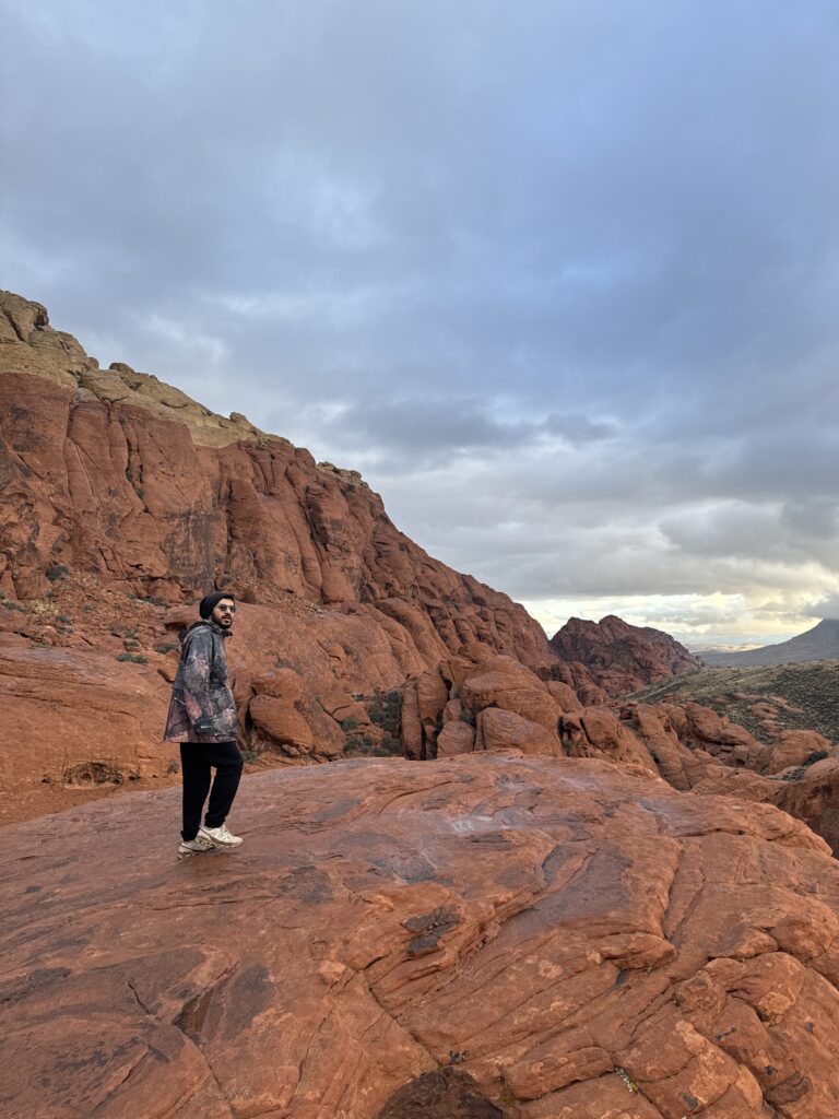 Person standing on red sandstone cliffs with dramatic desert landscape and cloudy sky in the background.