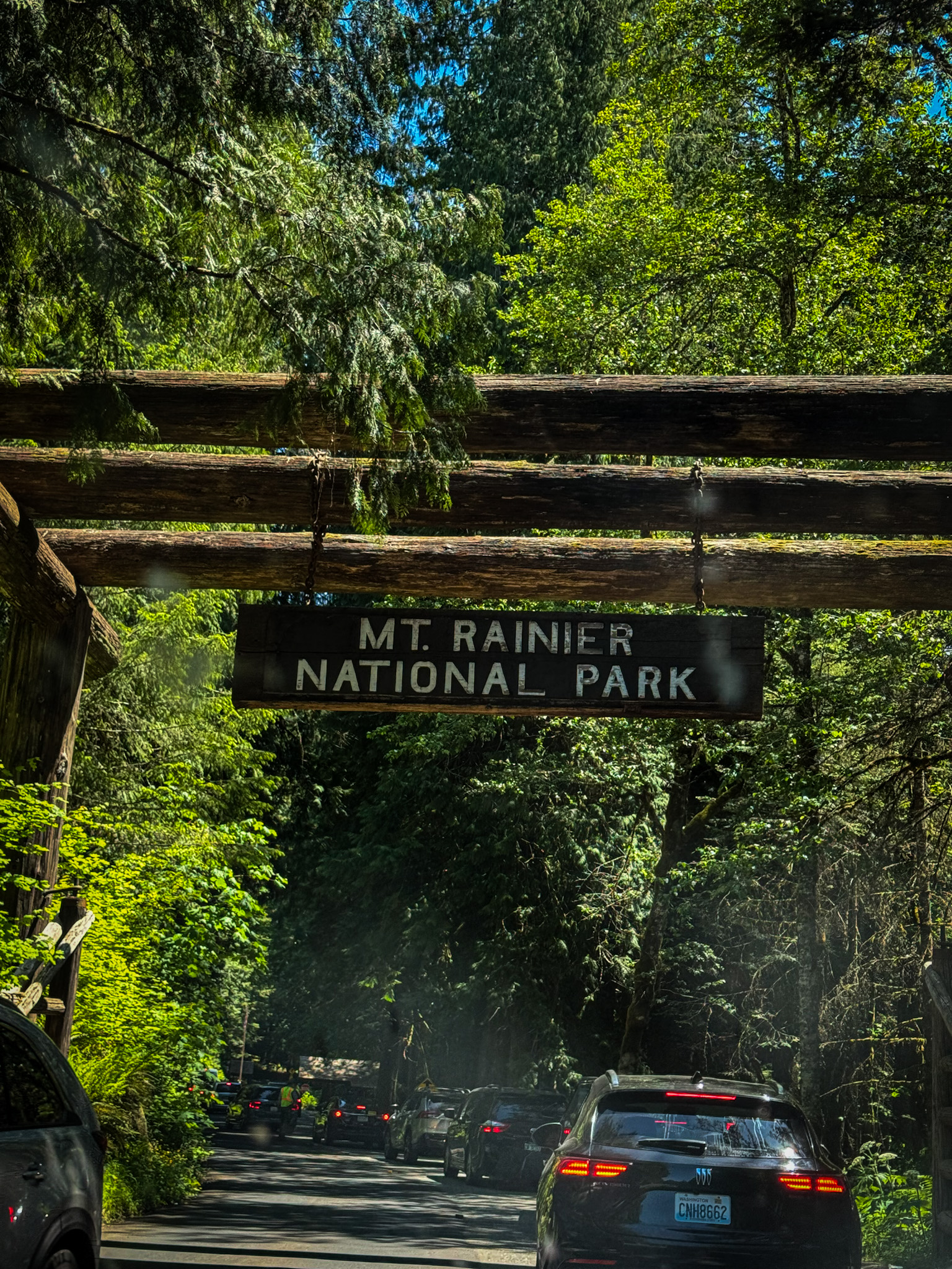 Cars driving under the Mount Rainier National Park entrance sign surrounded by dense evergreen forest.
