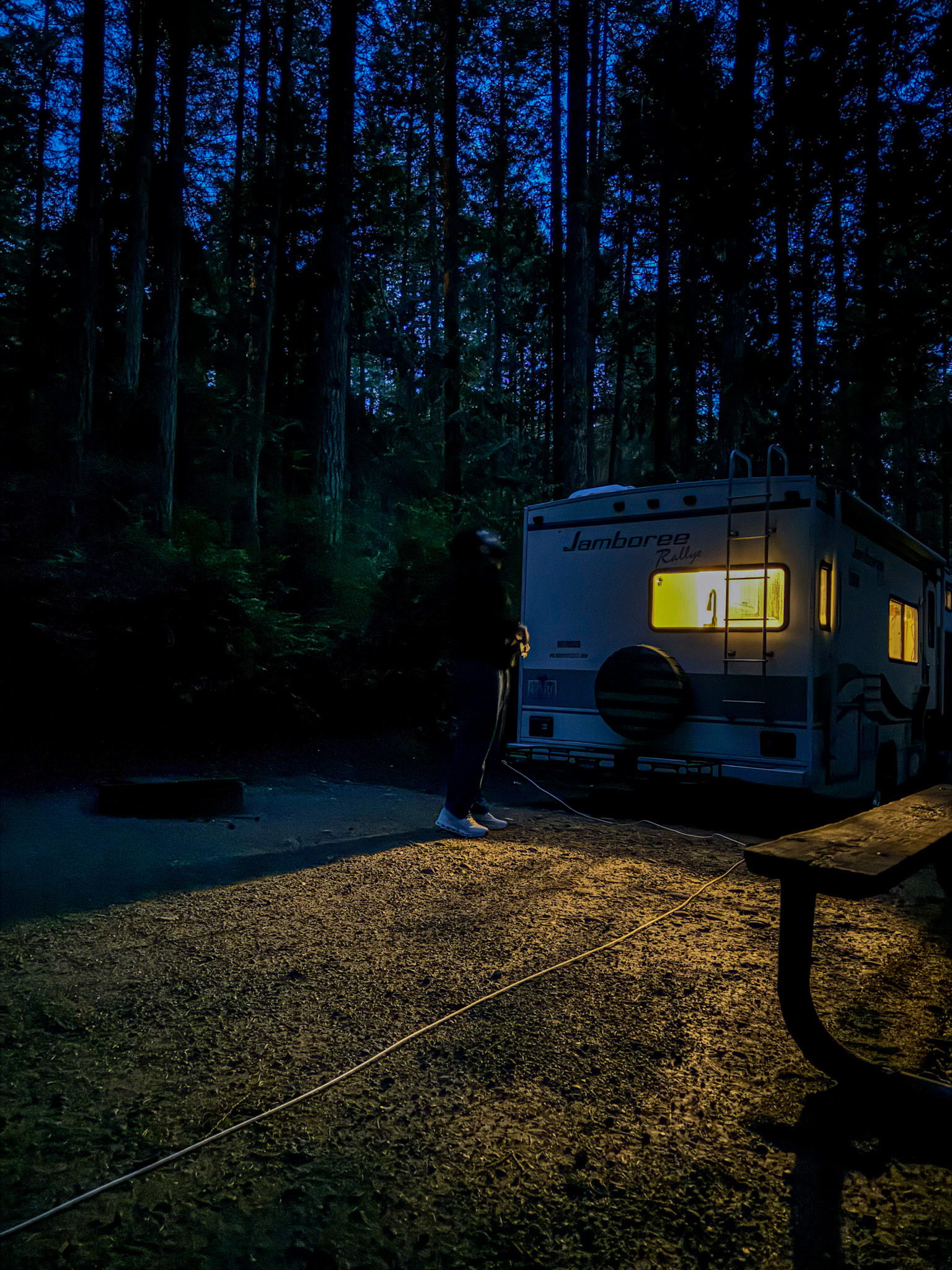 Class C RV glowing from inside at night in a forest campsite surrounded by tall evergreen trees.