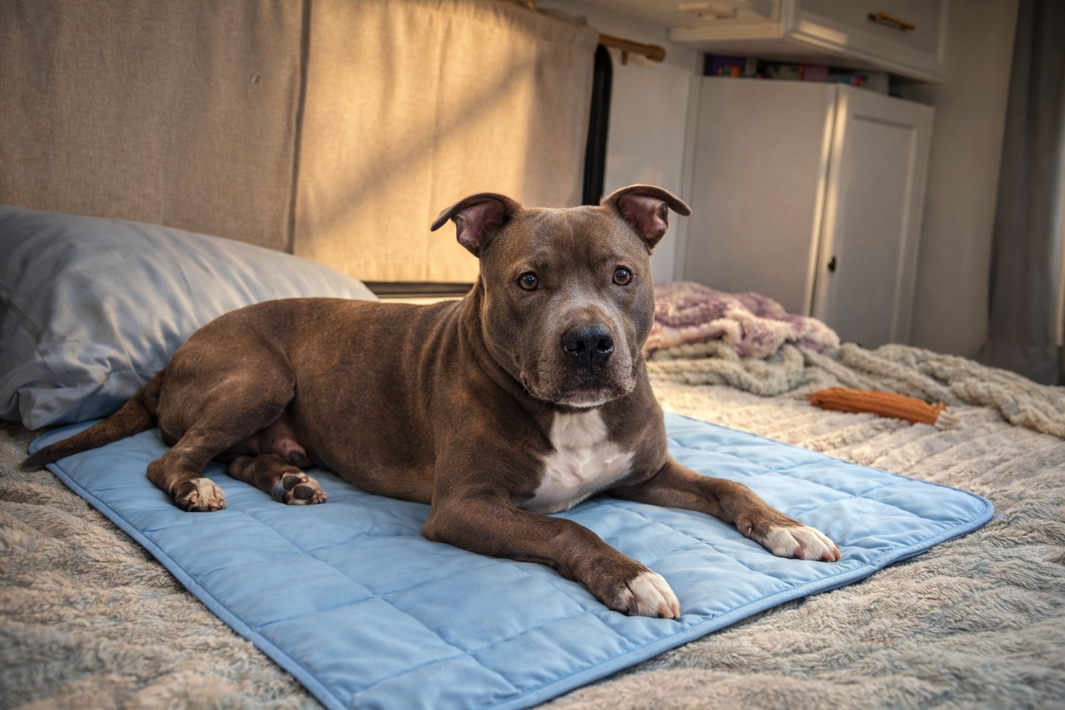 Dog resting on a blue cooling mat inside an RV bedroom.
