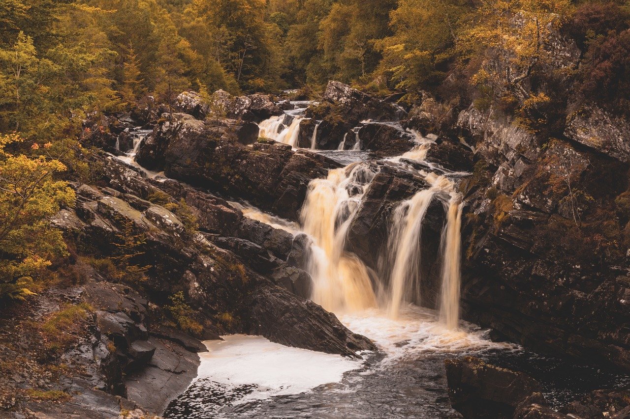 waterfall, scotland, nature, water, river, country, autumn, forest