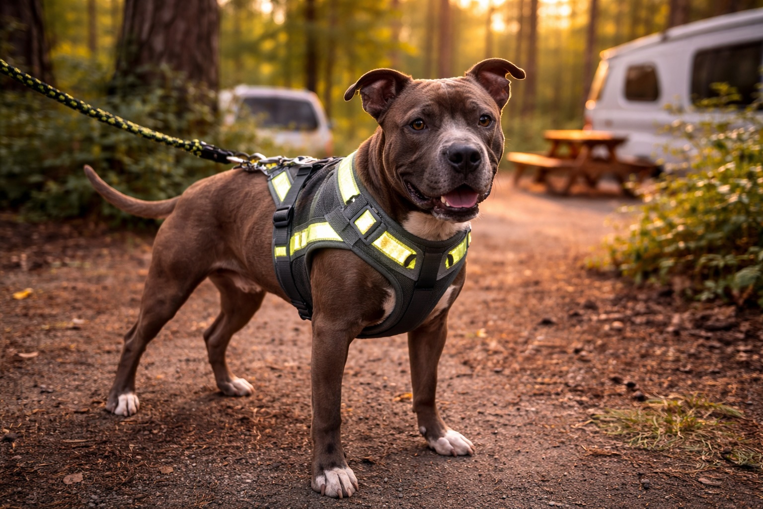 Dog wearing a reflective harness on a leash at a forest campsite with RV in the background.
