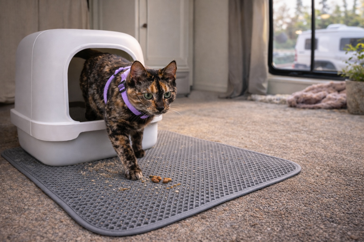 Cat stepping out of a covered litter box onto a litter trapping mat inside an RV.
