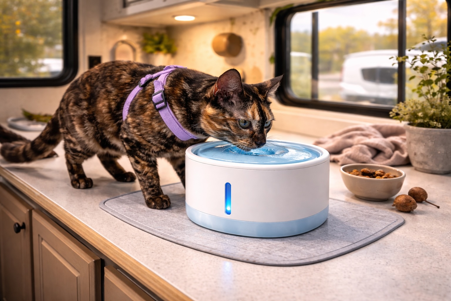Cat drinking from a wireless pet water fountain on an RV kitchen counter.
