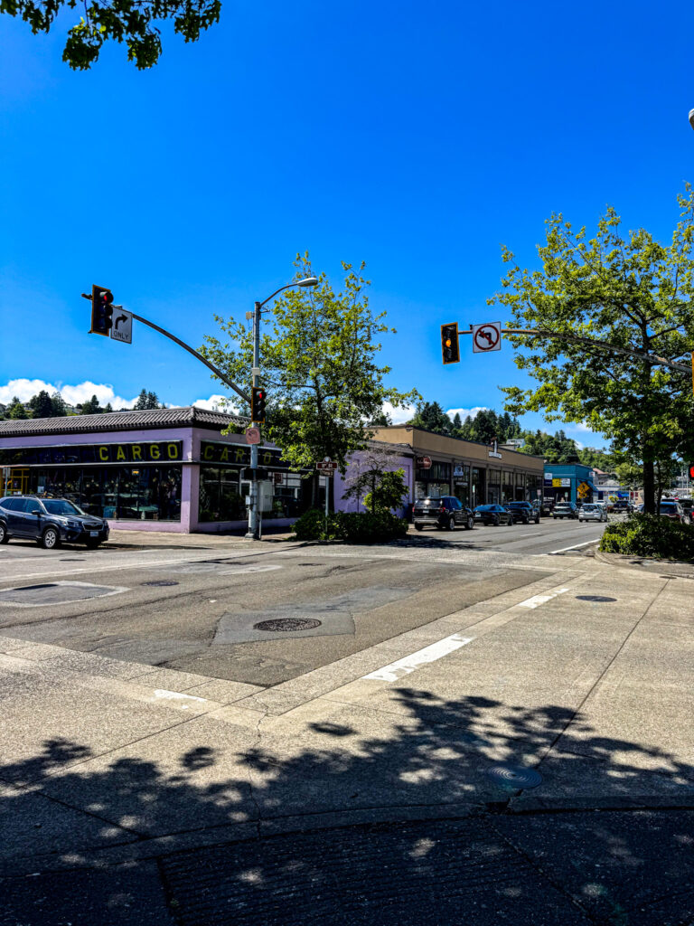 Street view of downtown Astoria Oregon with shops and traffic lights.