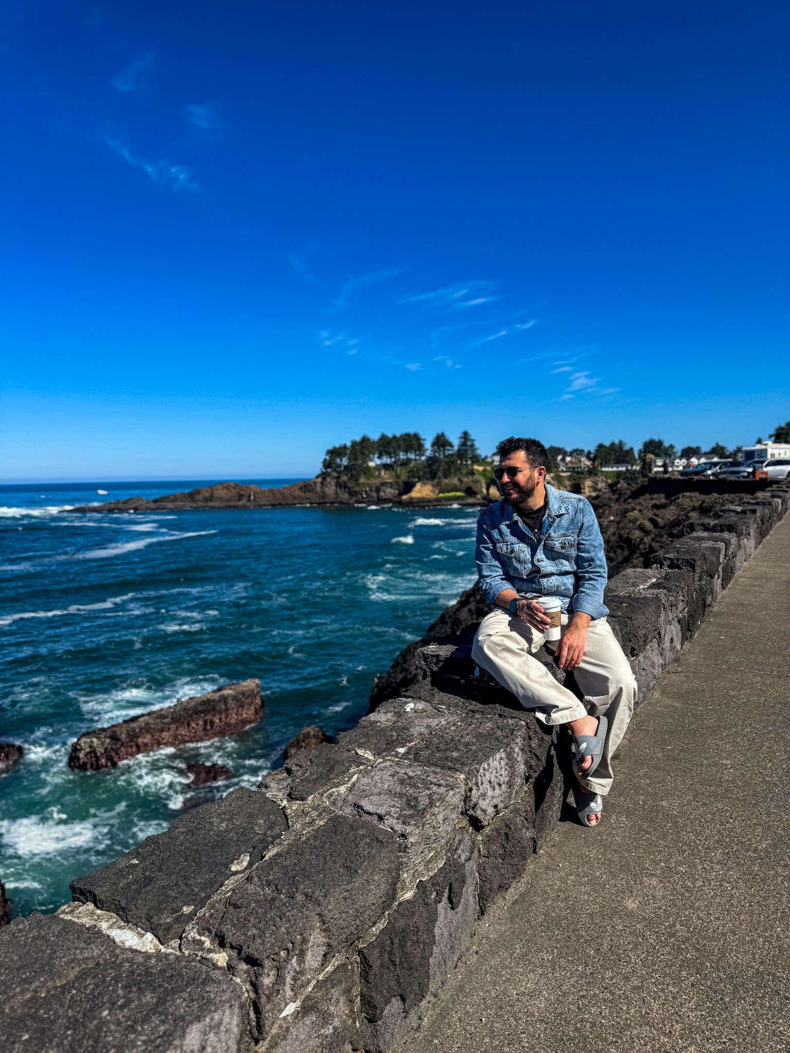 Traveler sitting on a coastal viewpoint overlooking the Pacific Ocean along the Oregon Coast.
