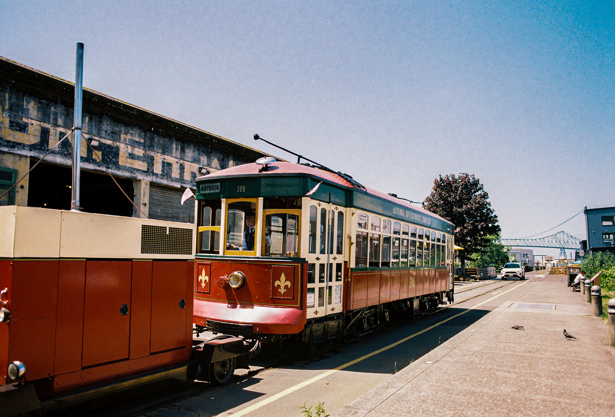 Historic Astoria Riverfront Trolley running along the waterfront in Astoria, Oregon.
