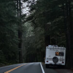 RV driving through towering redwood trees along Highway 101 in Northern California.