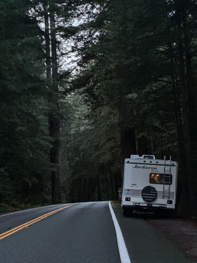 RV driving through towering redwood trees along Highway 101 in Northern California.