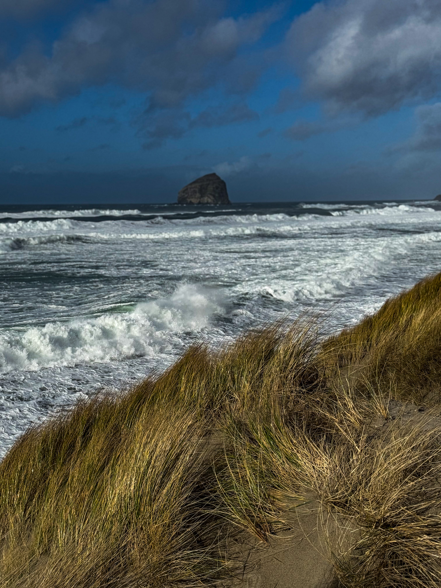 View of waves crashing along the Oregon Coast with coastal dunes and a sea stack in the distance.
