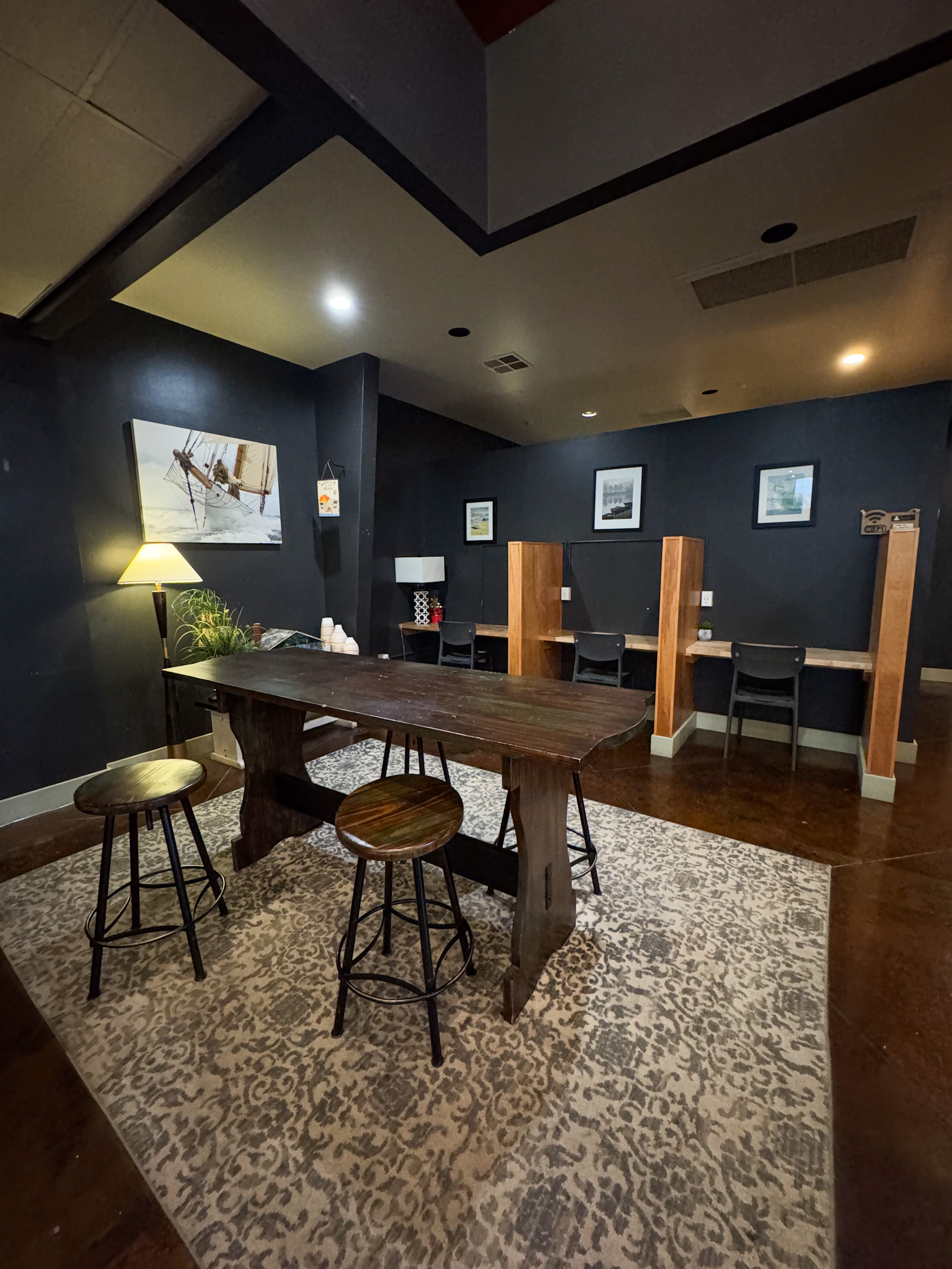 Interior seating area at Bagels by the Sea cafe in Seaside Oregon.
