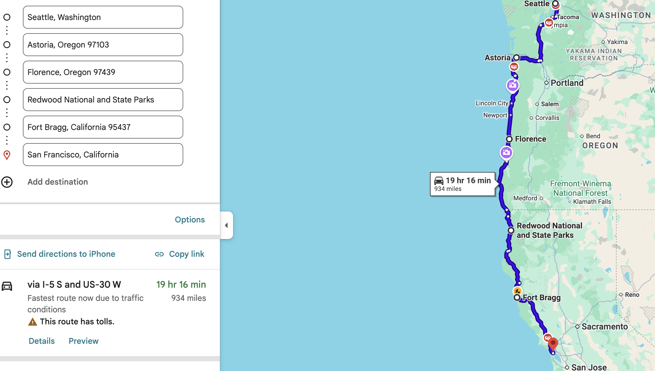 Map showing a road trip route from Seattle to San Francisco with stops in Astoria, Florence, Redwood National Park, and Fort Bragg.

