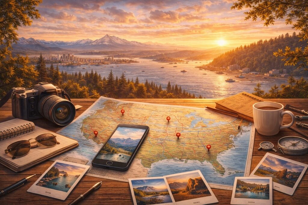 Travel planning setup with map of the