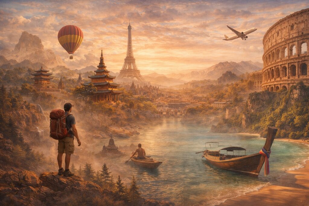 Traveler overlooking a dream landscape with global landmarks like Eiffel Tower, Colosseum, Asian temples, beach, and mountains.