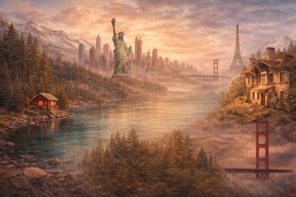 Fantasy travel scene combining mountains, city skyline, Statue of Liberty, Golden Gate Bridge, and Eiffel Tower.
