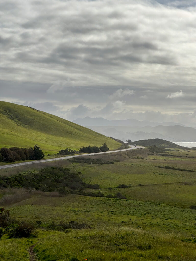 Rolling green hills and scenic coastal road along California’s coastline.
