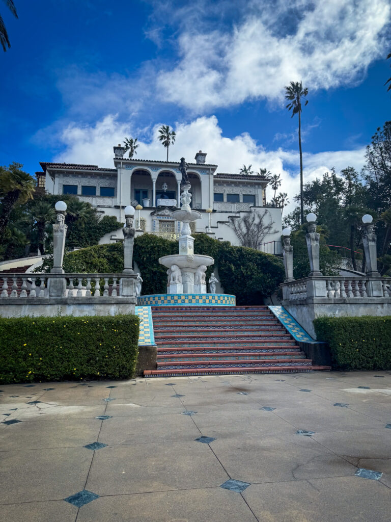 Beautiful fountain and Mediterranean-style architecture at Hearst Castle in California.