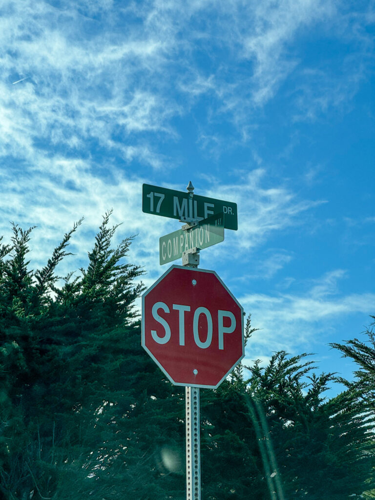 17-Mile Drive road sign under a bright blue California sky.