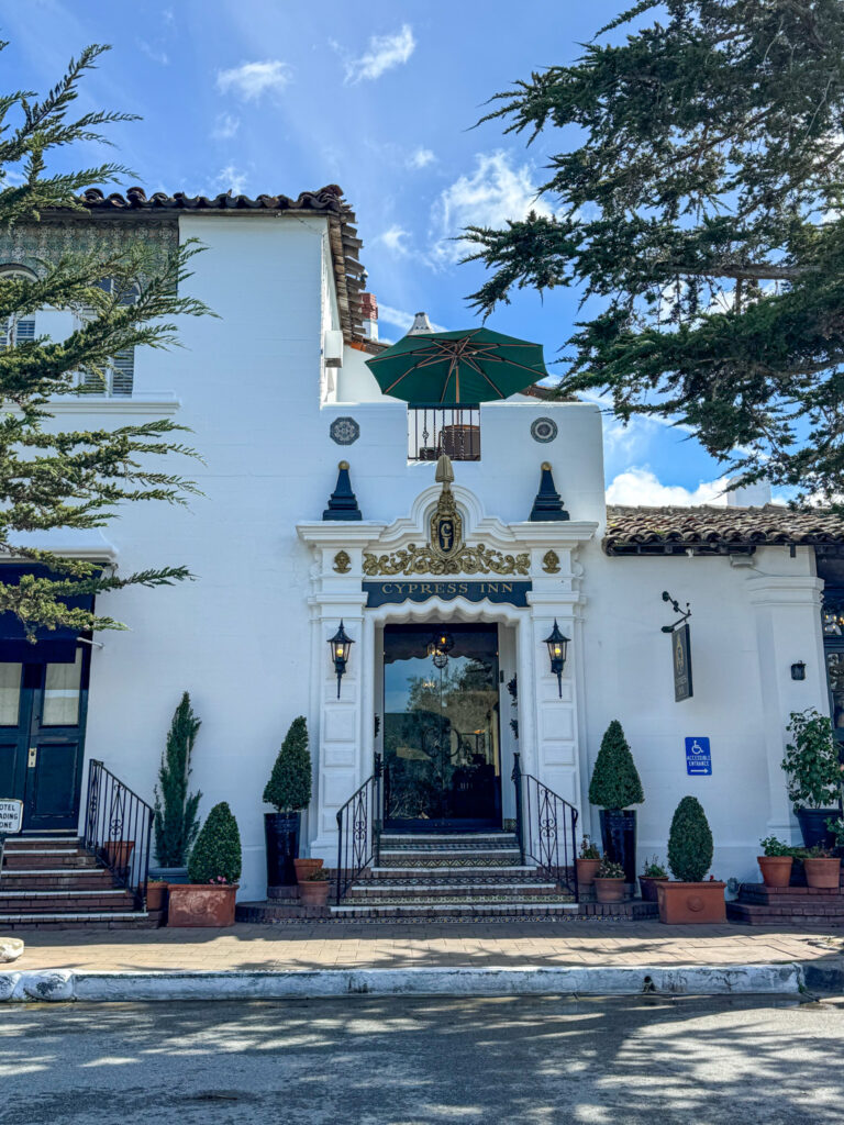 Front entrance of the historic Cypress Inn hotel in Carmel-by-the-Sea, California.