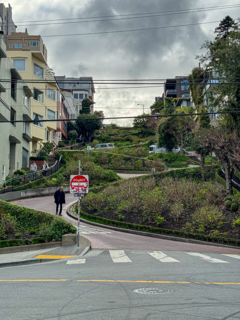 Famous curved Lombard Street in San Francisco surrounded by greenery and city homes under cloudy skies.