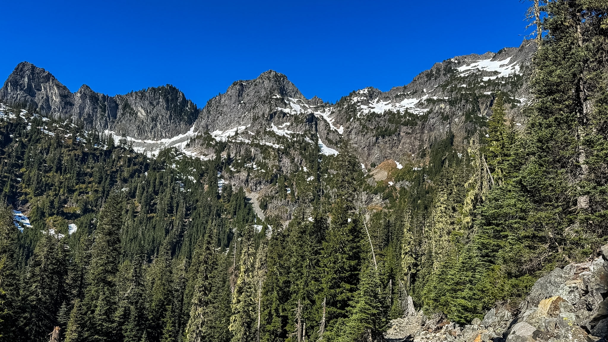 Rugged Cascade Mountain peaks rising above evergreen forest near Snow Lake in Washington.
